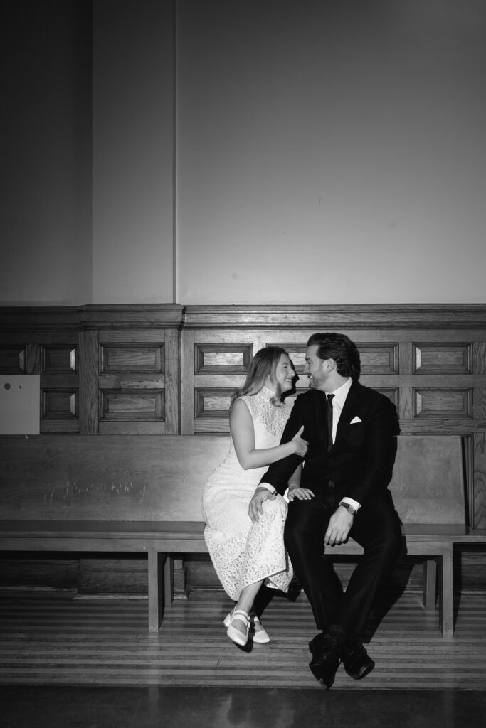 Toronto Old City Hall Civil Ceremony Couple sitting on bench